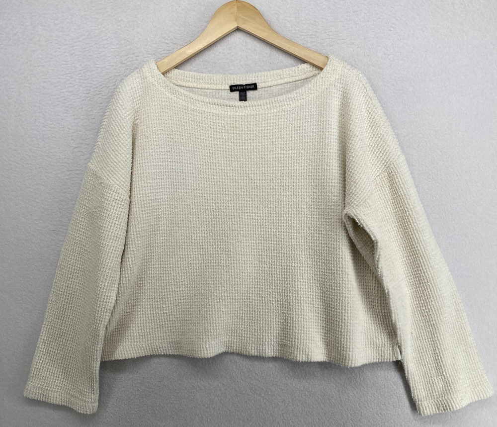 EILEEN FISHER Top S Cotton Terrycloth Boxy Long Sleeve Pullover Off White